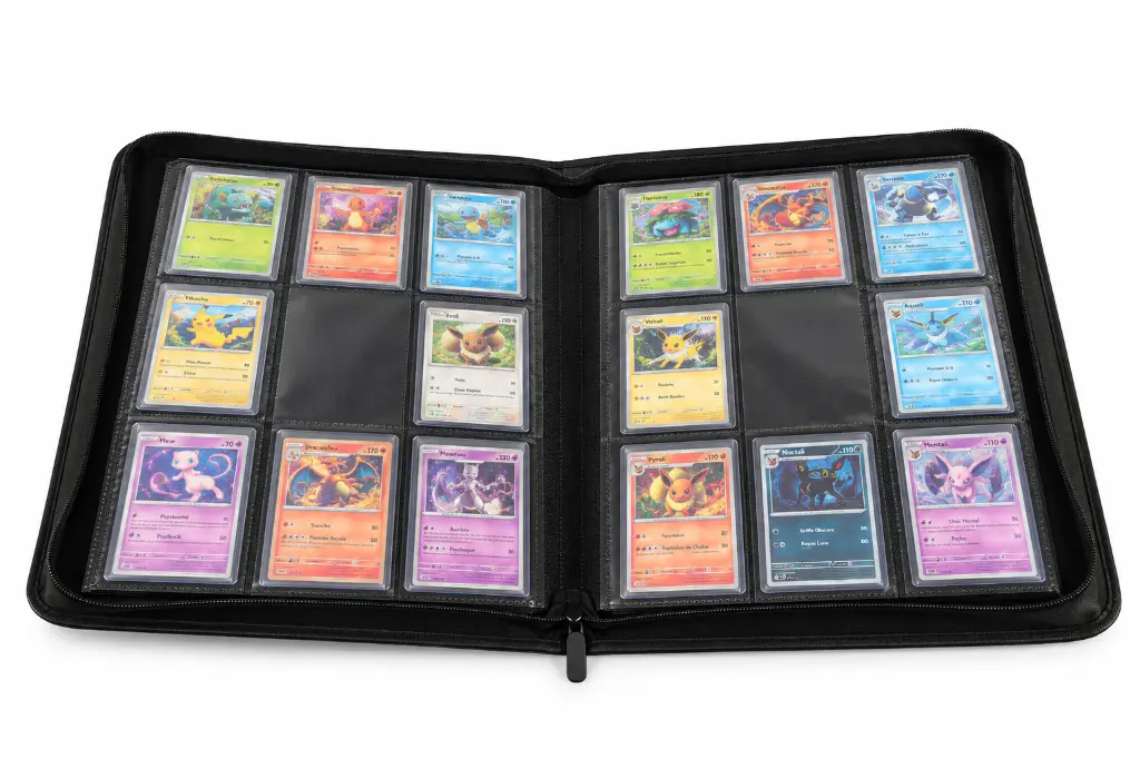 Album noir de cartes Pokémon ouvert.webp