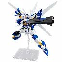 Mécha blanc et bleu au canon imposant.webp
