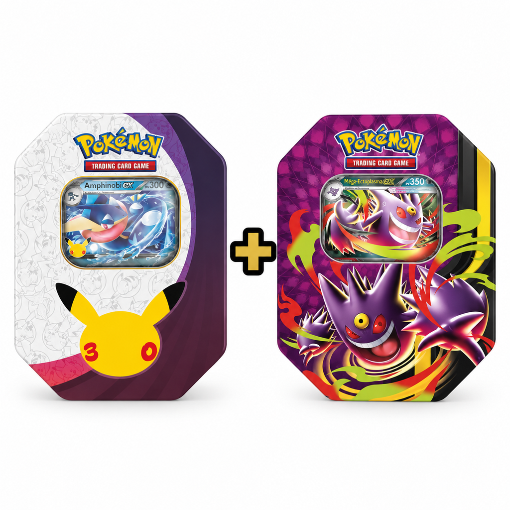 Pokémon – Lot de 2 Pokébox Amphinobi-ex 30e Anniversaire + 1 pokebox aléatoire Dracolosse, ectoplasma, drakrai ou zeraora
